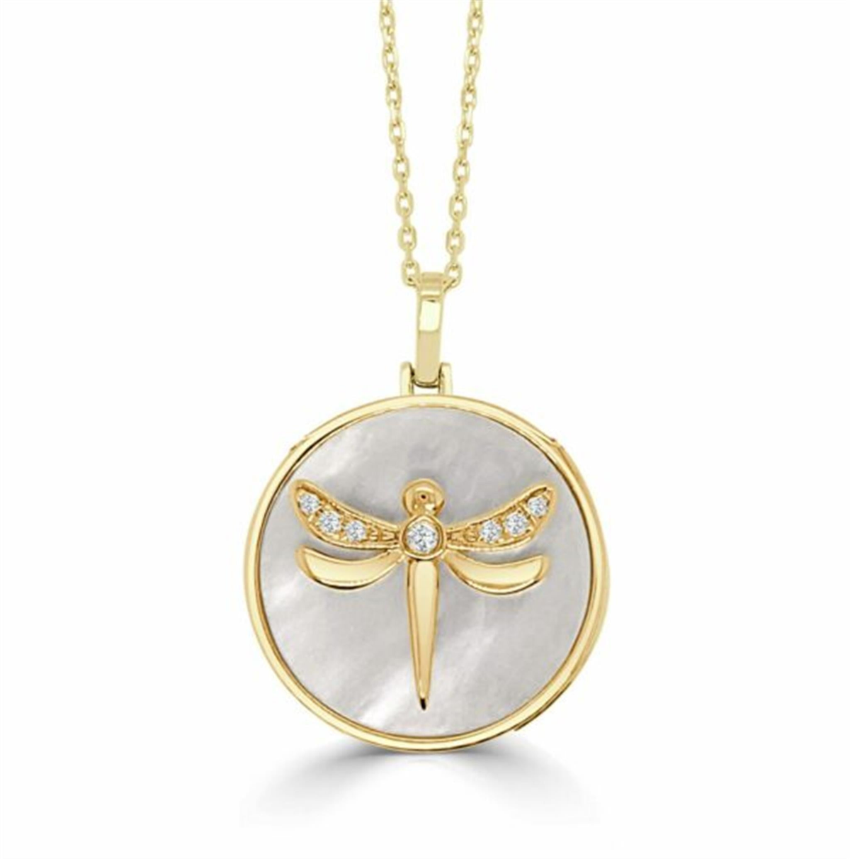 Frederic Sage 14Kt Yellow Gold Happy Dragonfly with Mother of Pearl Pendant with Polished Bale and Chain with Natural Diamond Accent 7.04CTTW