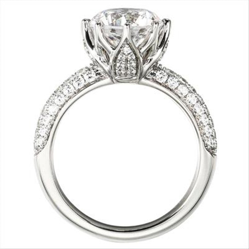 18Kt White Gold Pave Set Natural Diamond & 8 Prong Fancy Crown Mounting - Round Center Stone Sold Separately