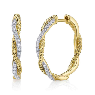 Shy Creation 14Kt Yellow Gold 24mm Alternating Rope and 0.42ctw Diamond Hoop Earrings