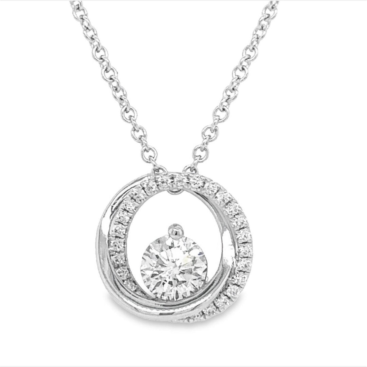14Kt White Gold You & Me Intersecting Circle Pendant With .50ct Round Center Natural Diamond