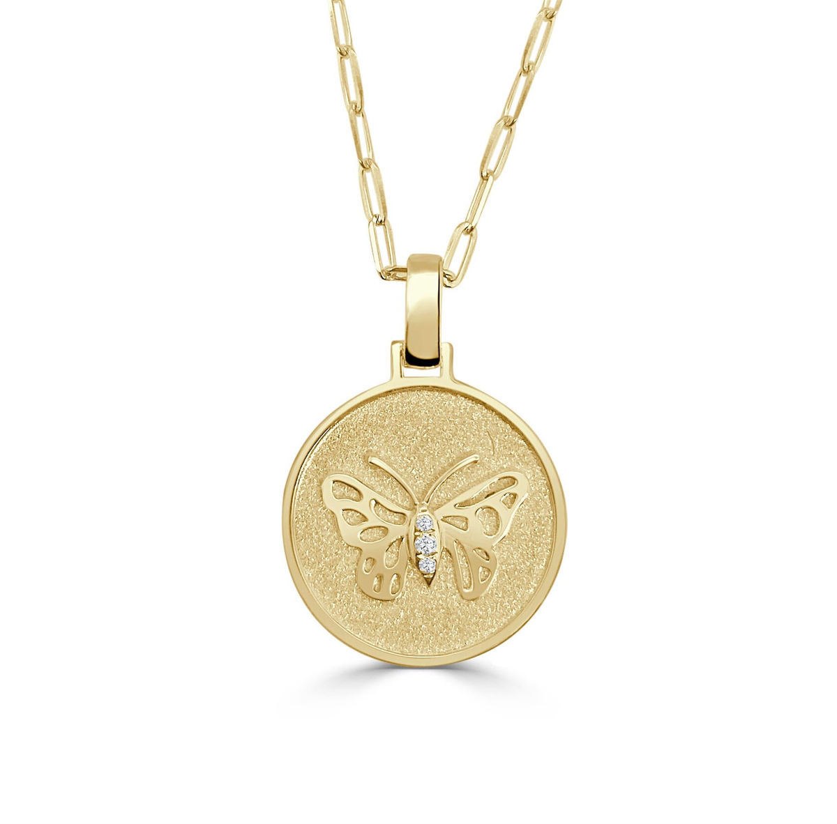 Frederic Sage 14Kt Yellow Gold 16.5mm Butterfly Disc with Satin Finish "Happy" Pendant, Polished Bale and 3.01cttw Natural Diamonds (H Color - SI1 Clarity) on 18" Mini Paperclip Chain with a Lobster Clasp