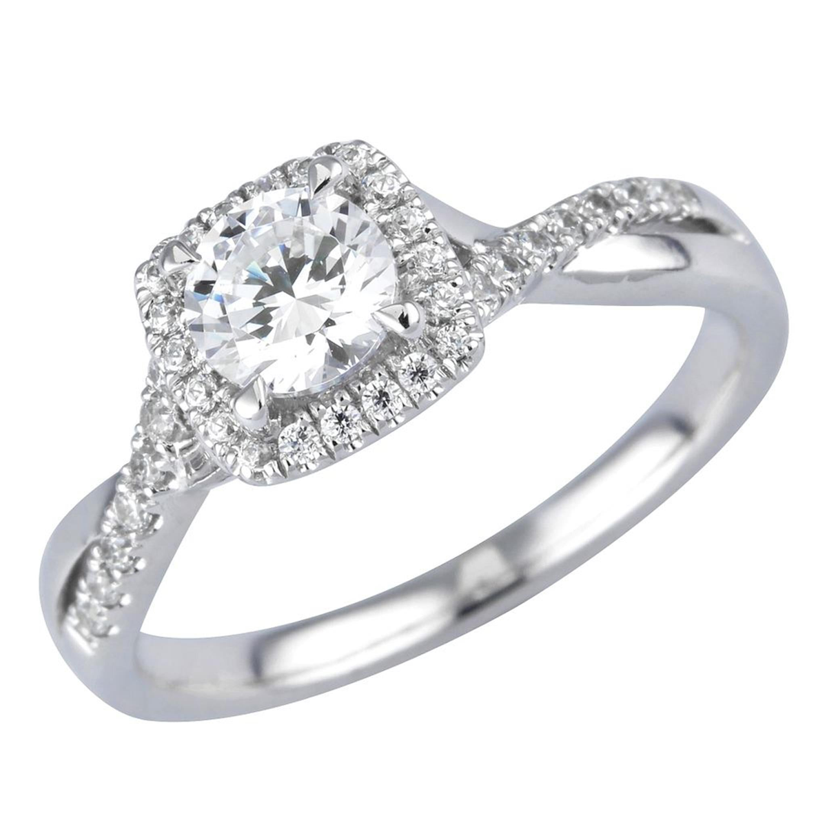 Royal Halo Ring In 18Kt White Gold With .53ct Round Center Diamond (F Color - I1 Clarity) And 34 Round Accent Diamonds Totaling .19cttw