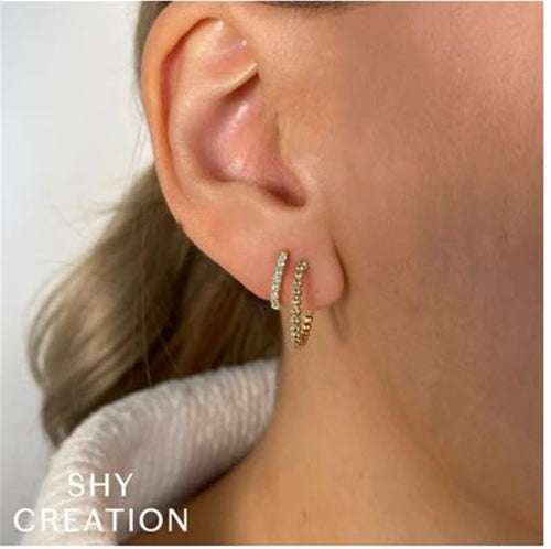 Shy Creation 14Kt Yellow Gold 18mm Double Huggie Hoop Earrings with Natural Diamonds