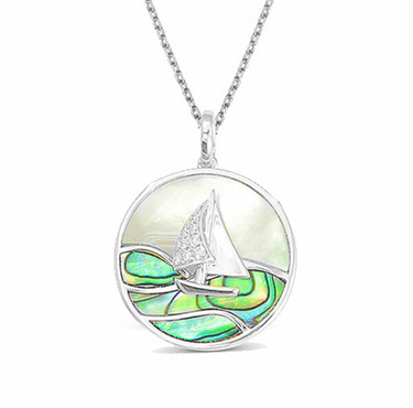 Frederic Sage 14Kt White Gold Sailboat Abalone Inlay Natural Diamond Pendant