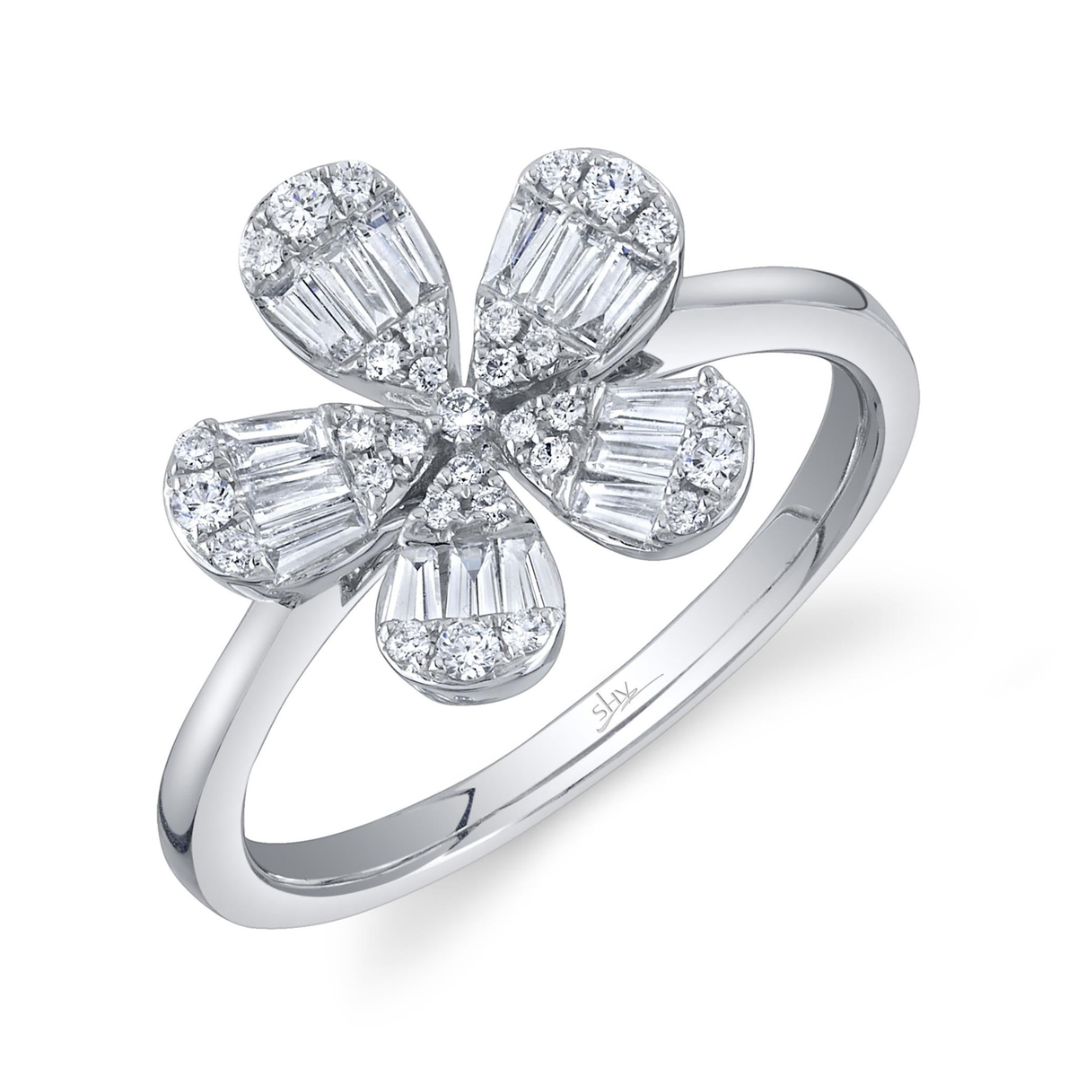 Shy Creation 14Kt White Gold Natural Baguette and Round Diamond Flower Ring