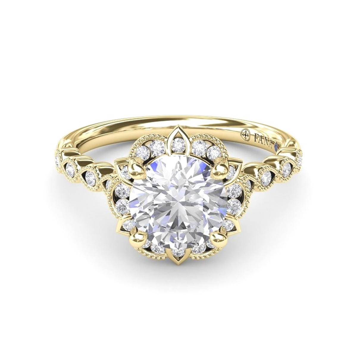 14Kt Yellow Gold Halo Engagement Ring Mounting With 0.24cttw Natural Diamonds