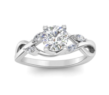 14Kt White Gold Willowing Vine 0.91 Round Center Natural Diamond Engagement Ring