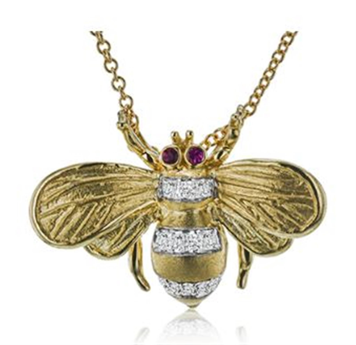 Simon G. 18K Yellow Gold Bumblebee Pendant with 2 Rubies and 14.09 cttw Round Diamonds (G/H Color - VS2 Clarity) Monarch Collection Serial  732680