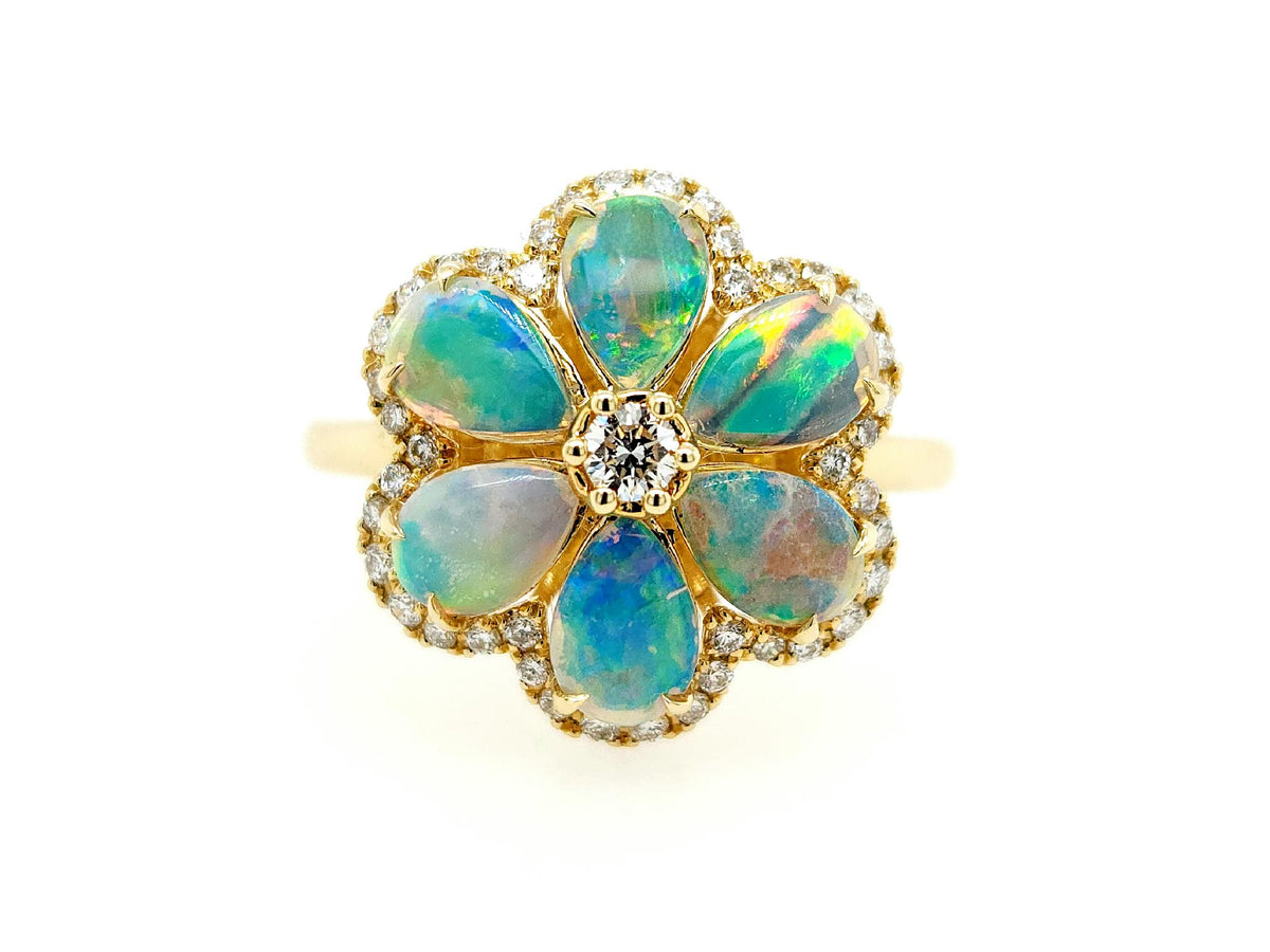 14Kt Yellow Gold Opal Flower Diamond Ring