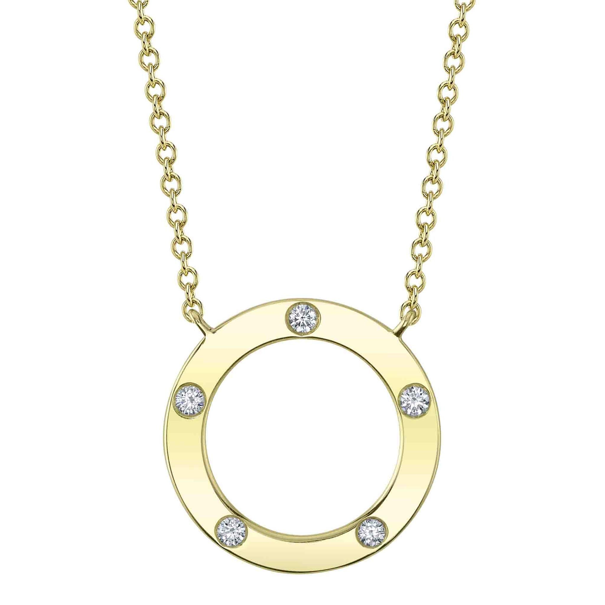 Shy Creation 14Kt Yellow Gold Open Circle Pendant with Natural Bezel Set Diamonds