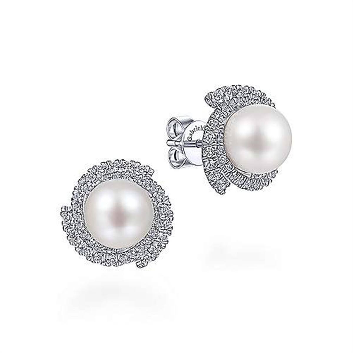 14Kt White Gold Halo Earrings With mm Round Cultured Pearl