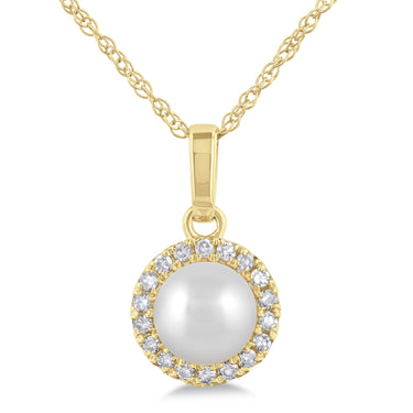 10Kt Yellow Gold Halo Birthstone Pendant with 5mm Freshwater Pearl and .07cttw Natural Diamonds (Color H-I, Clarity SI2)  on an 18" Chain