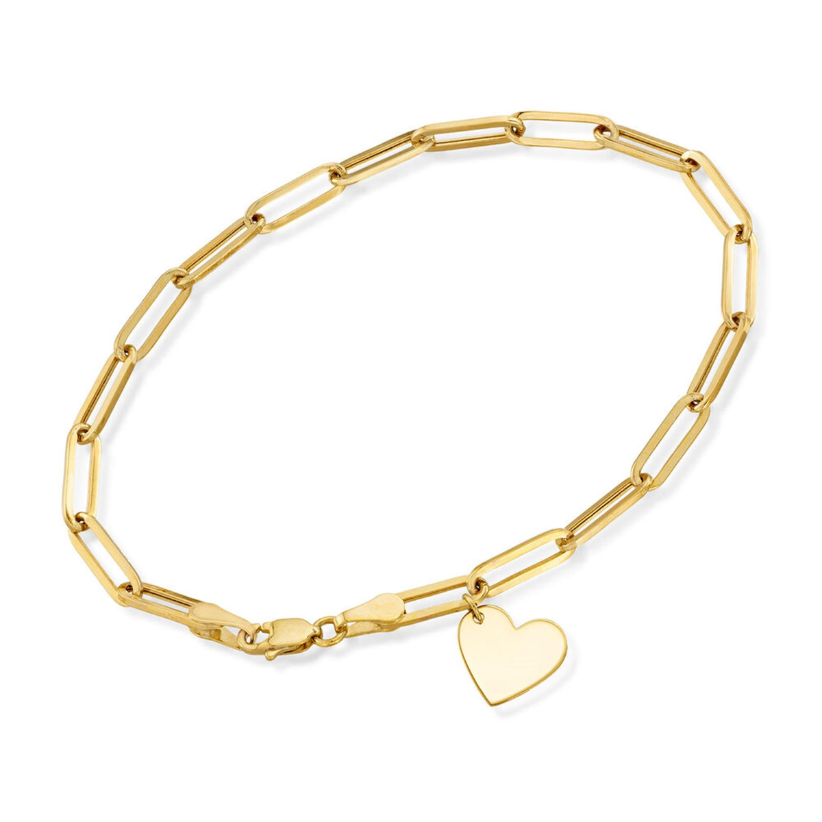 14Kt Yellow Gold Paperclip Link Heart Charm Bracelet