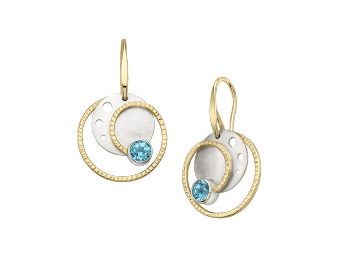 E.L Designs Stellar Earrings in Sterling Silver and 14Kt Yellow Gold with a 4mm Faceted Blue Topaz