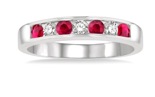 14Kt White Gold Channel Set Band with Alternating Rubies and Diamonds