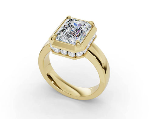 14Kt Yellow Gold Faux Bezel Set Solitaire Ring With 3.23ct Emerald-Cut Center Natural Diamond