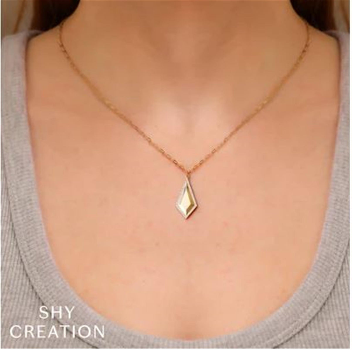 Shy Creation 14Kt Yellow Gold Geo Cut Necklace on an 18' Adjustable Paperclip Chain