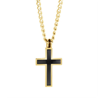 Italgem Stainless Steel Lecta Cross with Yellow Gold and Black IP Plating in Center on 22" Rounded Box Chain