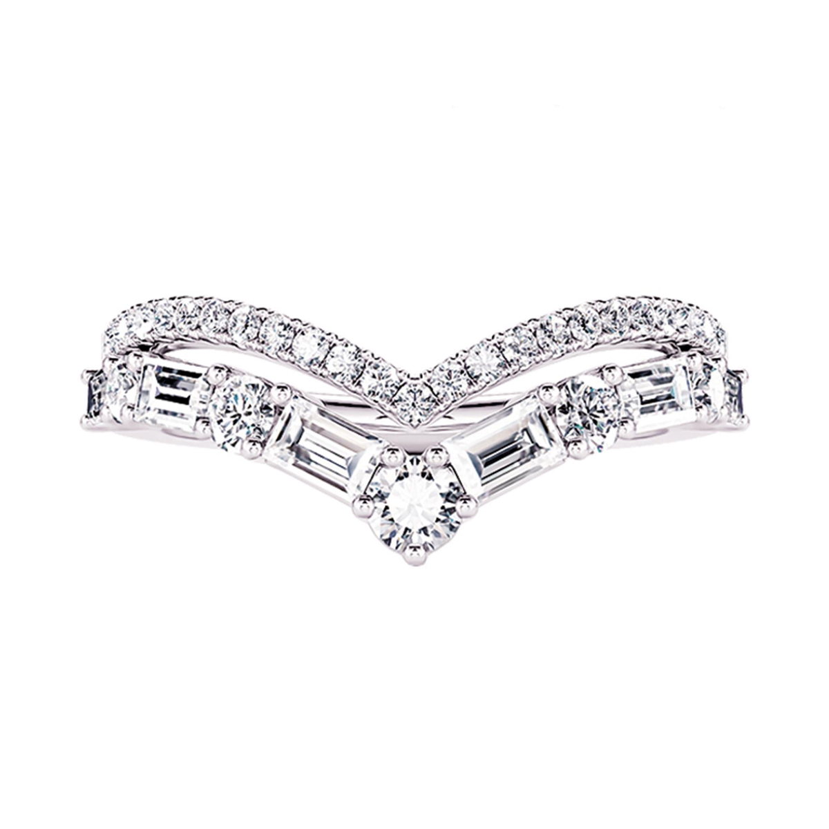 14K White Gold Double Row Chevron-Style Tiara Band with .55cttw Natural Diamonds (30 Rounds  26cttw and  5 Baguettes  29cttw) G/H Color - SI1 Clarity