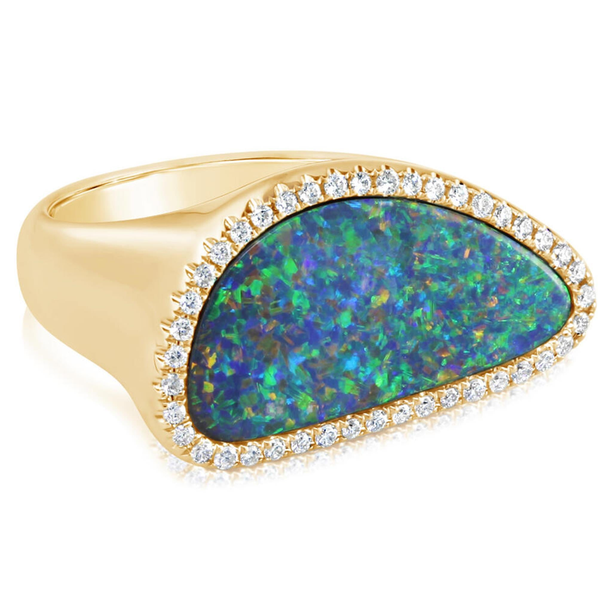 14Kt Yellow Gold Halo Ring with 4.87Ct Australian Opal Doublet and 42.25cttw Natural Diamonds (Color G-H, Clarity SI2)