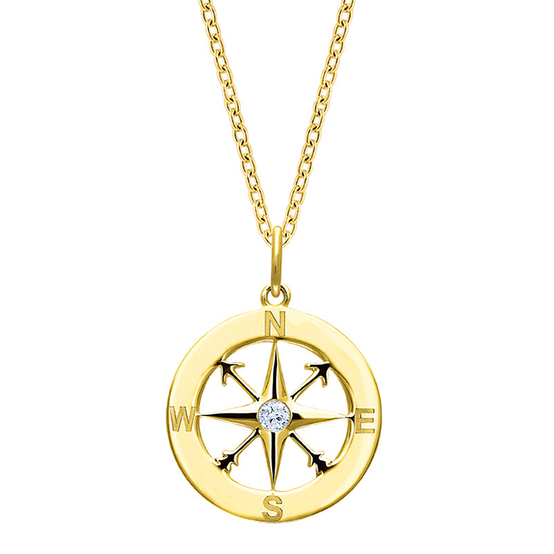 Sterling Silver 18mm Compass Pendant with Yellow Gold Overlay