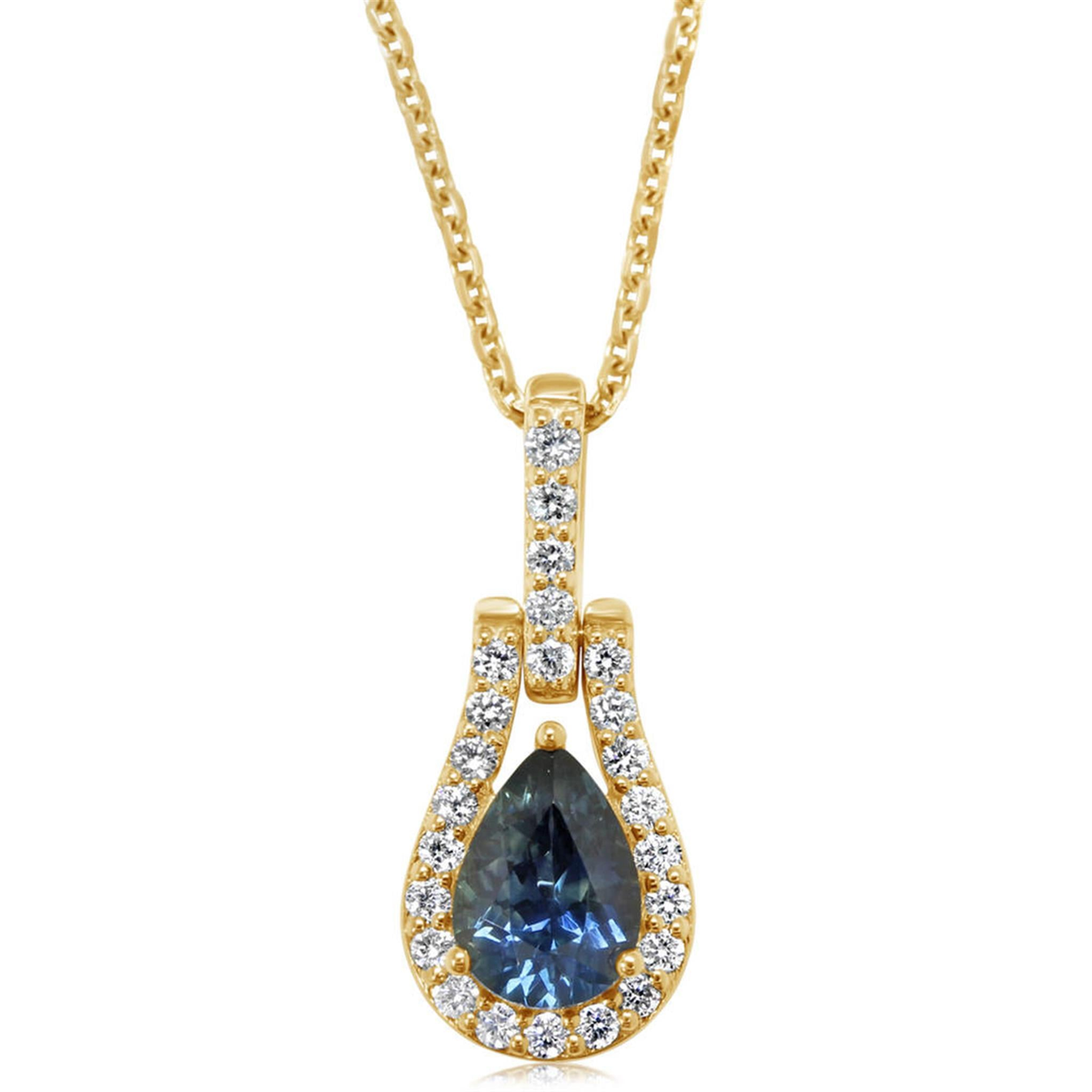 14Kt Yellow Gold Halo Pendant with .95Ct Montana Sapphire (7x5mm) and 24.18cttw Natural Diamonds (Color G-H, Clarity SI1) -Chain Sold Separately