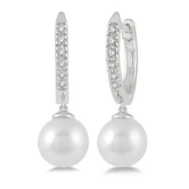 Lasker Petites 10Kt White Gold 0.12cttw Diamond & Freshwater Pearl Dangle Hoop Earrings