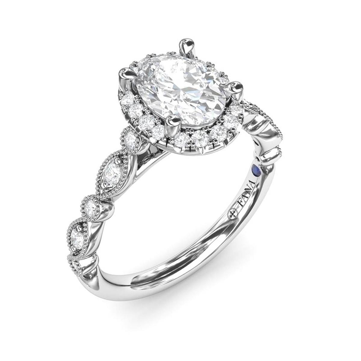 FANA 14Kt White Gold Halo Engagement Ring Mounting - Oval Round Center Stone Sold Separately