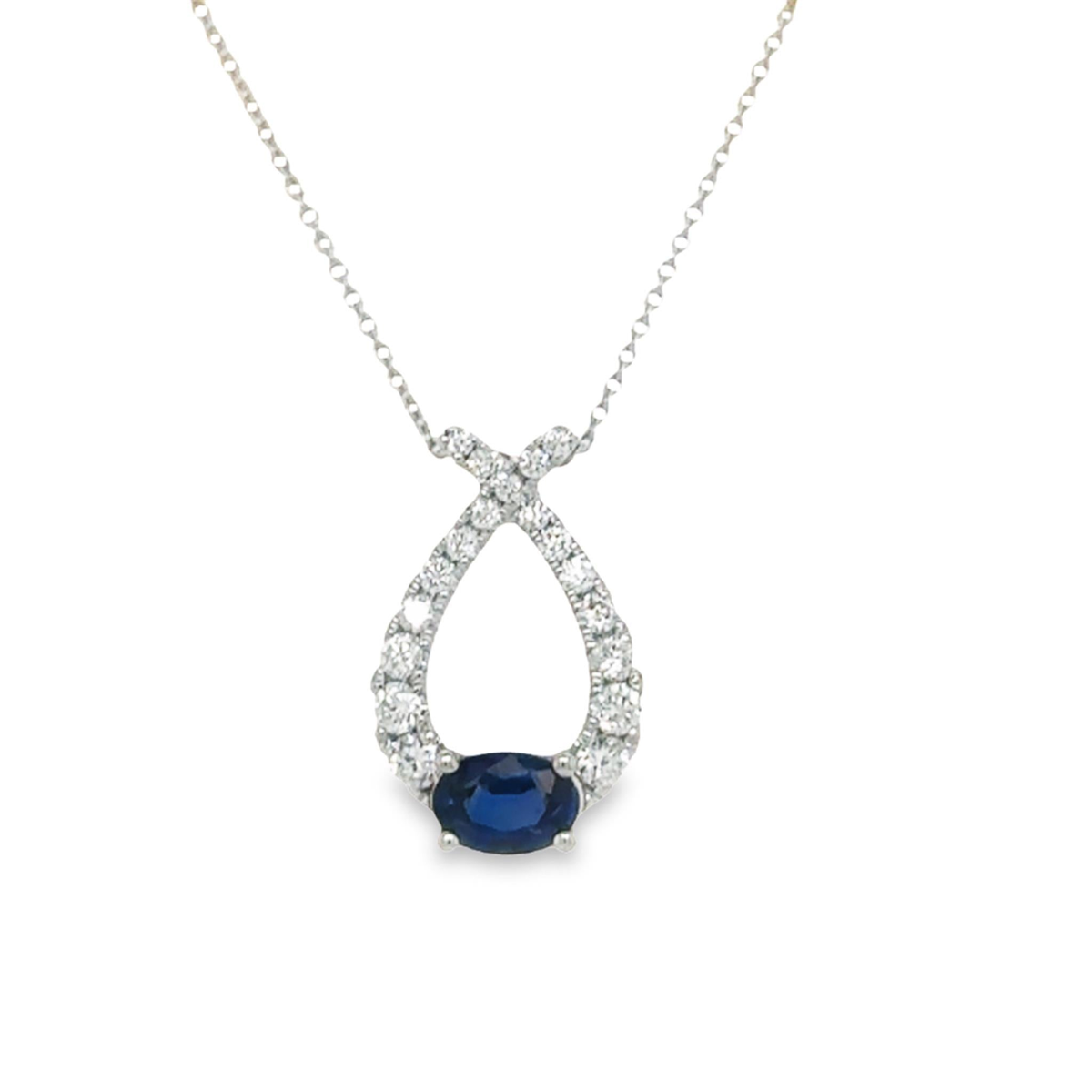 14Kt White Gold Teardrop Blue Sapphire and Diamond Necklace