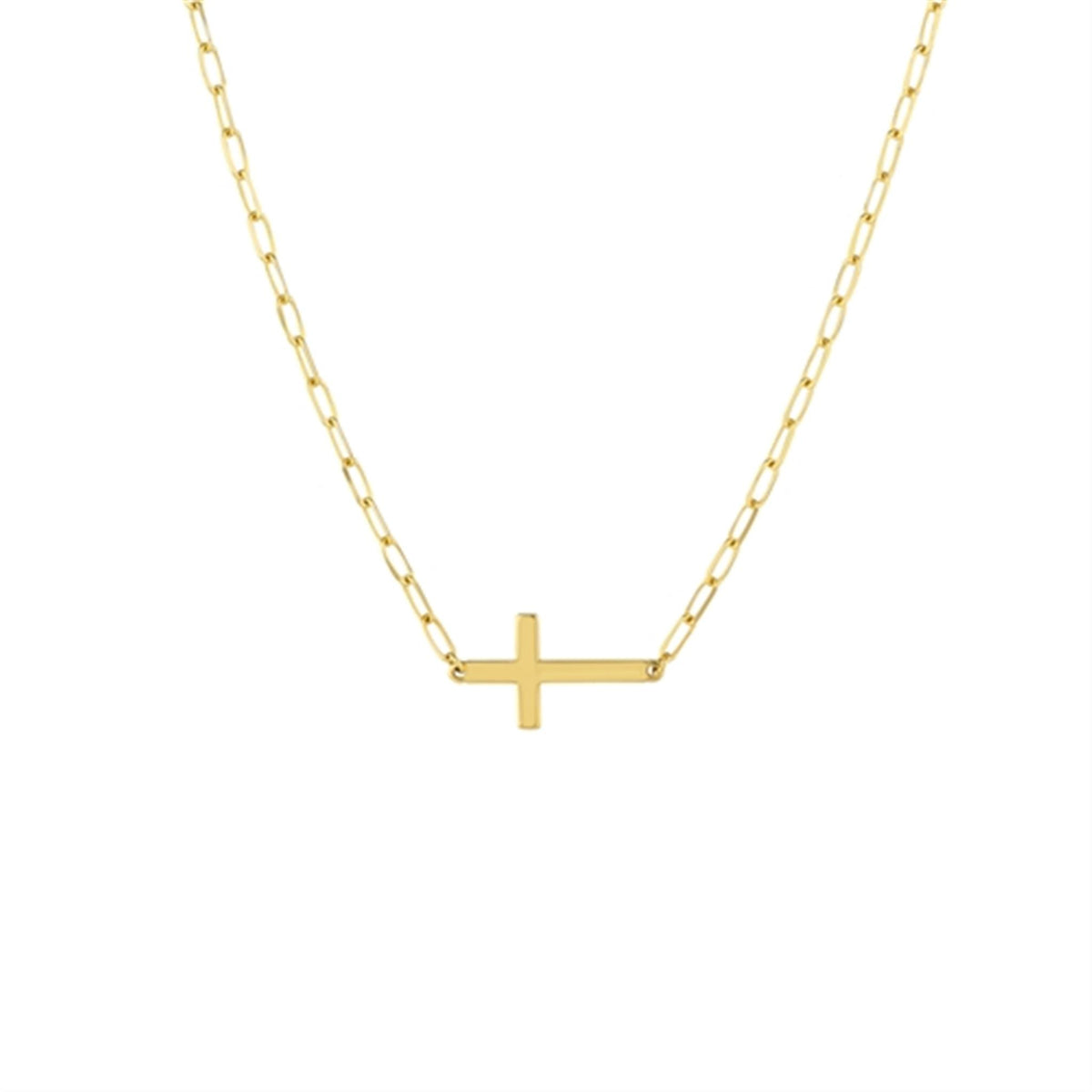 14Kt Yellow Gold East-West Cross Pendant On Paperclip Link Chain