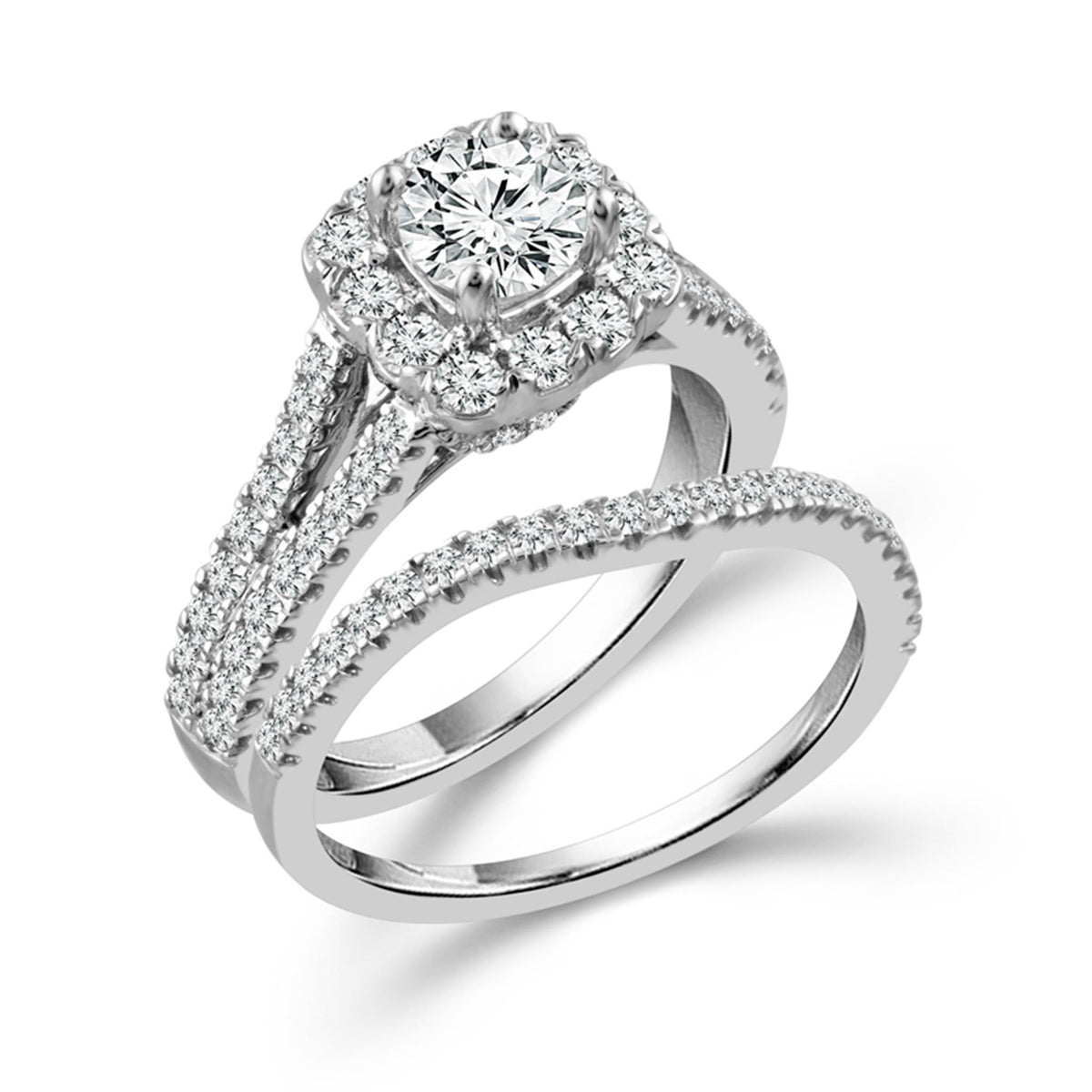 14Kt White Gold Halo Engagement And Wedding Ring Set With 0.70ct Natural Diamond