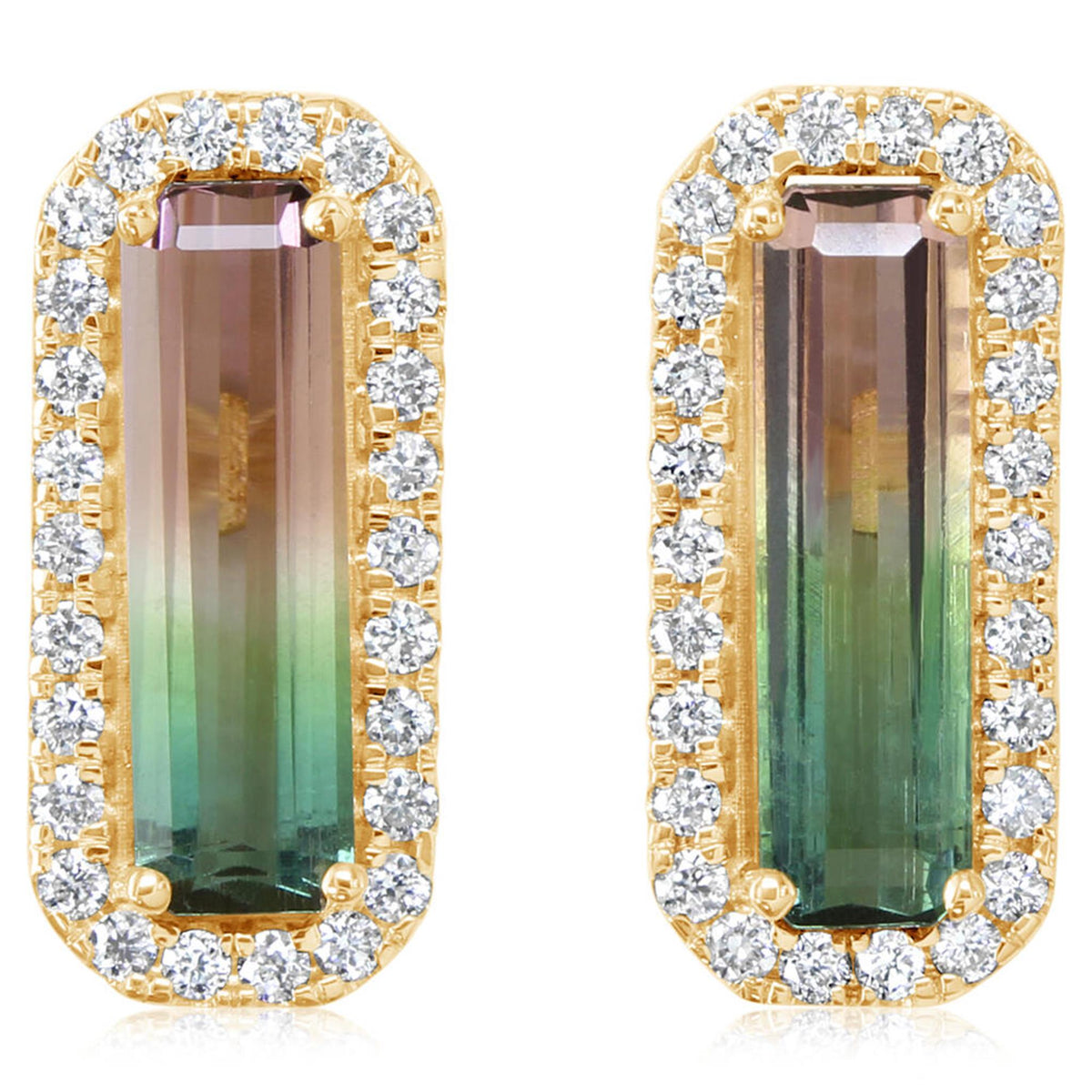 14Kt Yellow Gold Halo Earrings With Bi-Color Tourmalines and Natural Diamonds