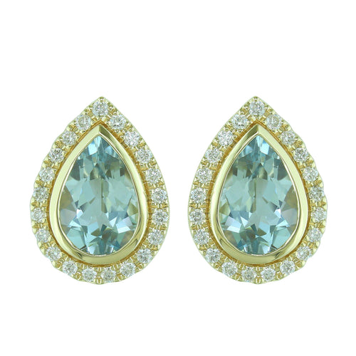 14Kt Yellow Gold Bezel Set Halo Stud Earrings Earrings With 2.27ct Aquamarine