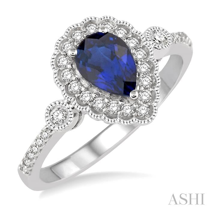 14K White Gold Pear Sapphire Ring with .25CTTW Diamonds