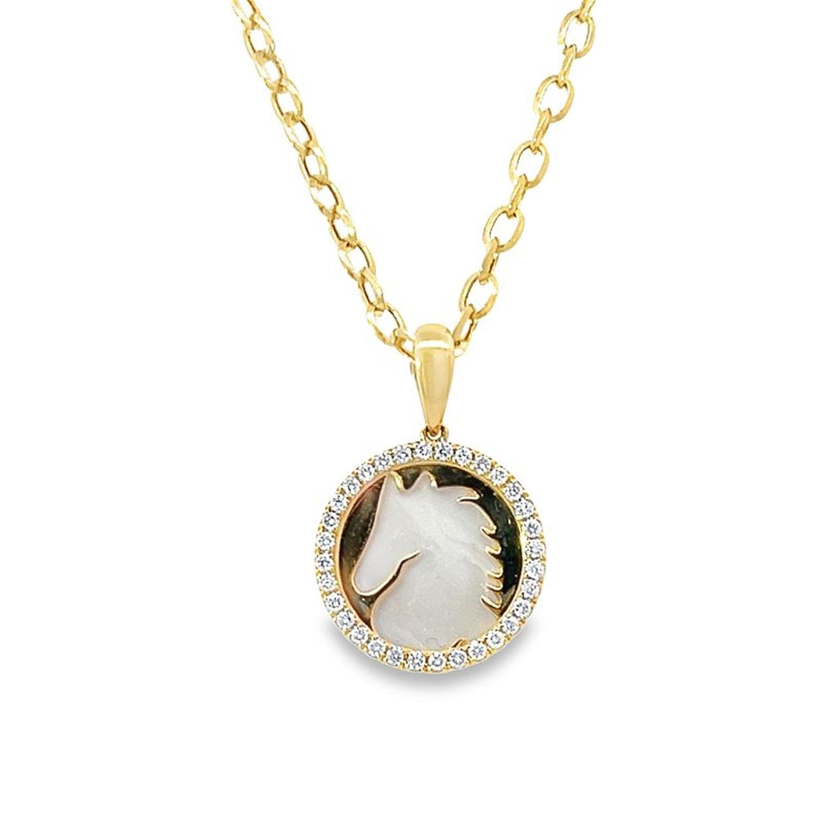 Doves 18K Yellow Gold Mother Of Pearl Medallion Horse Pendant