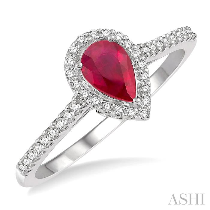 14KT White Gold Pear Ruby Ring with Diamonds .20CTTW