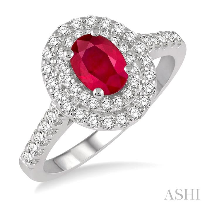 14K White Gold Double Halo Ruby Ring with Diamonds .50CTTW