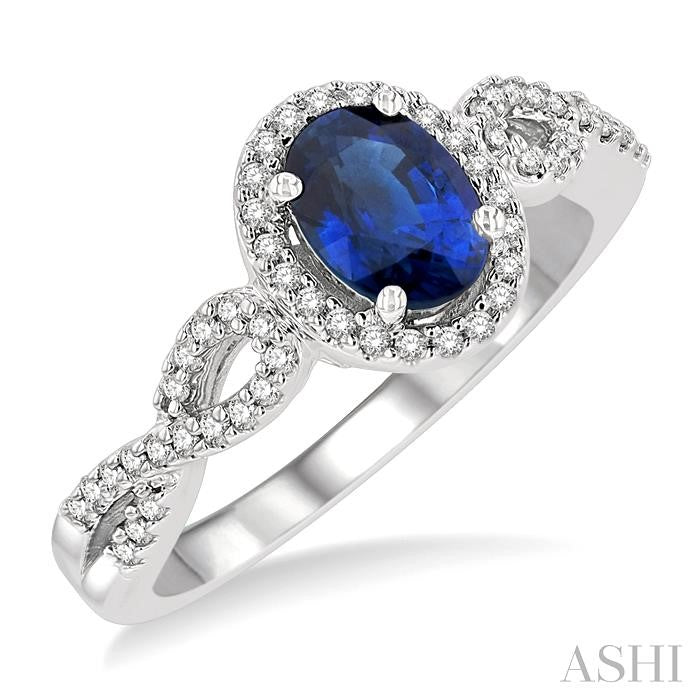 14K White Gold Oval Sapphire Ring with Diamonds .20Cttw