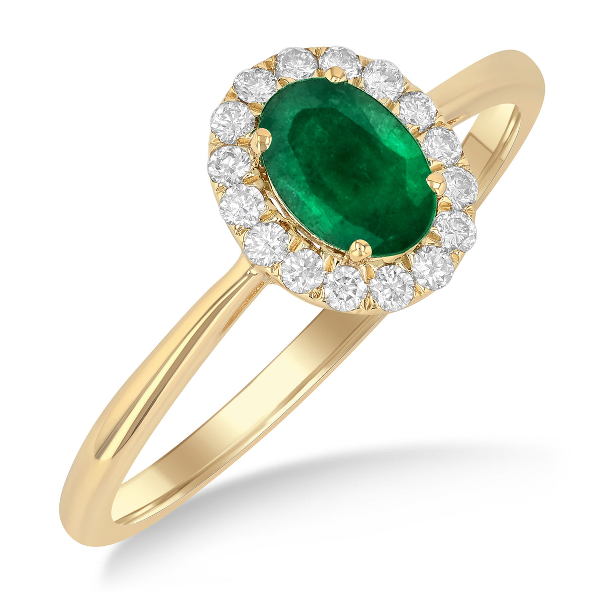 14Kt Yellow Gold Halo Ring with Emerald