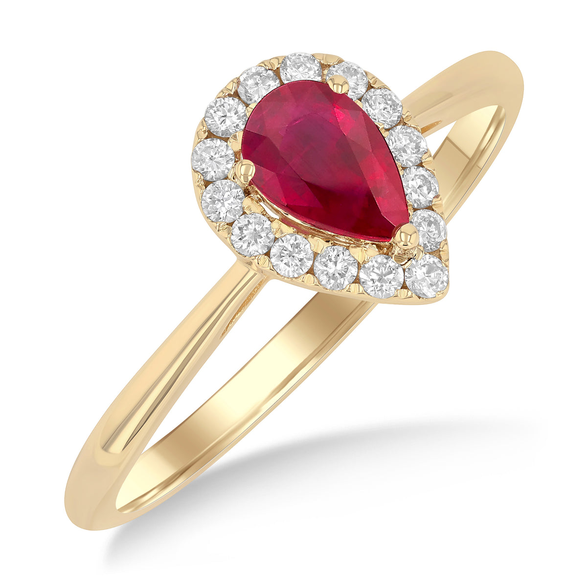 14Kt Yellow Gold Halo Ring with Pear Shaped Ruby