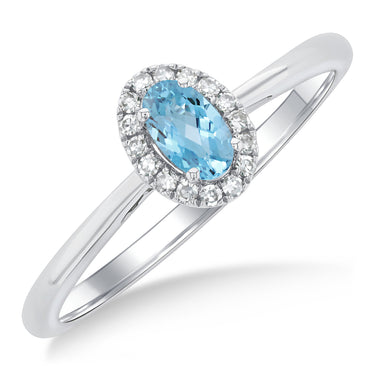 10Kt White Gold Oval Aquamarine & Diamond Halo Ring