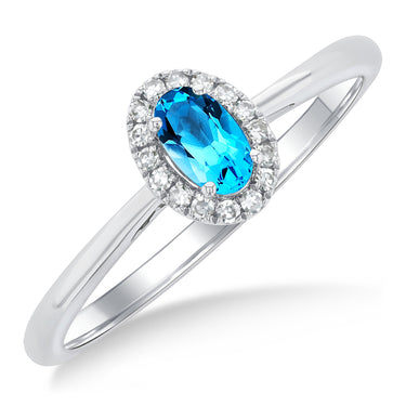 10Kt White Gold Oval Blue Topaz & Diamond Halo Ring