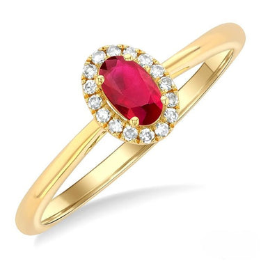 10kt Yellow Gold Halo Birthstone Ring with Natural Ruby and Diamonds