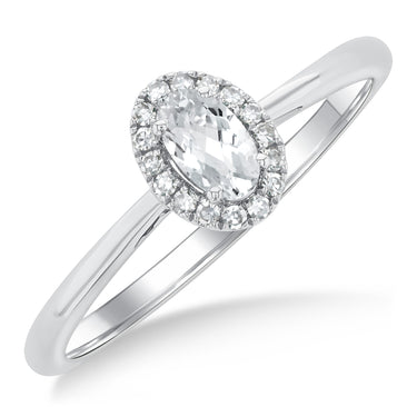 10Kt White Gold Oval White Topaz & Diamond Halo Ring