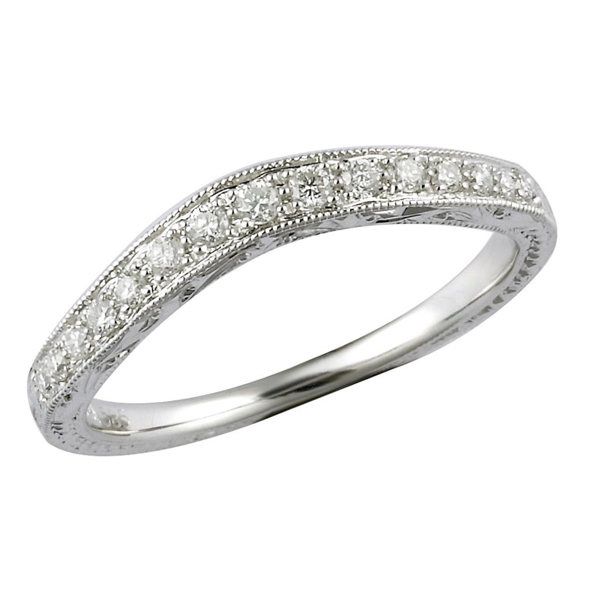 14Kt White Gold Curved Wedding Ring With 0.16cttw Natural Diamonds