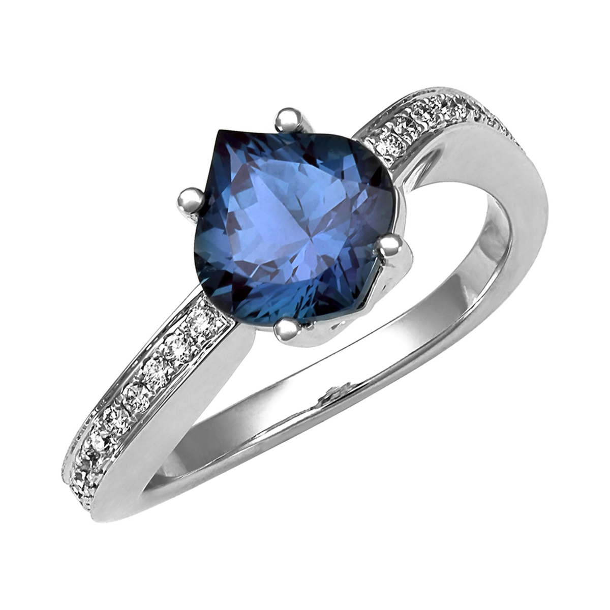 14Kt White Gold Onion-Shape Chatham Created Alexandrite Ring with Lab Grown Diamonds