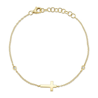 Shy Creation 14Kt Yellow Gold Adjustable Bracelet with Polished Cross, 2 Bezel Set Diamonds (.03cttw) and Lobster Clasp