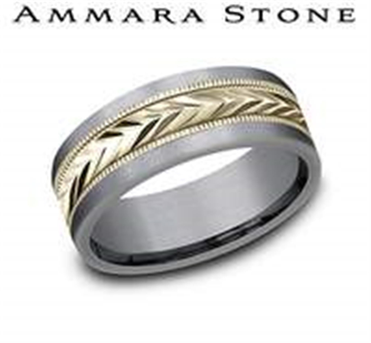 Ammara Stone 8mm Gray Tantalum Band with 14Kt Yellow Gold Harvest Engraved Center