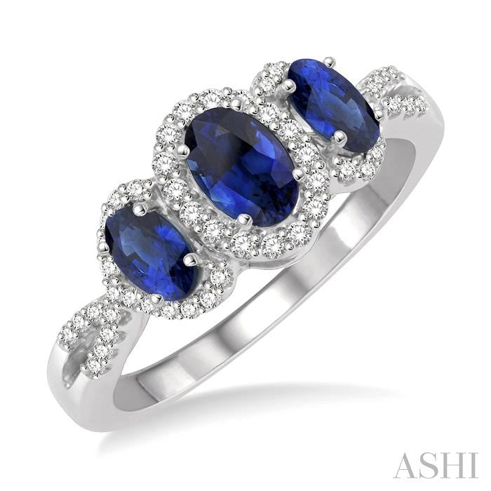 14KT White Gold Oval Triple Sapphire Ring with Diamonds .25CTTW