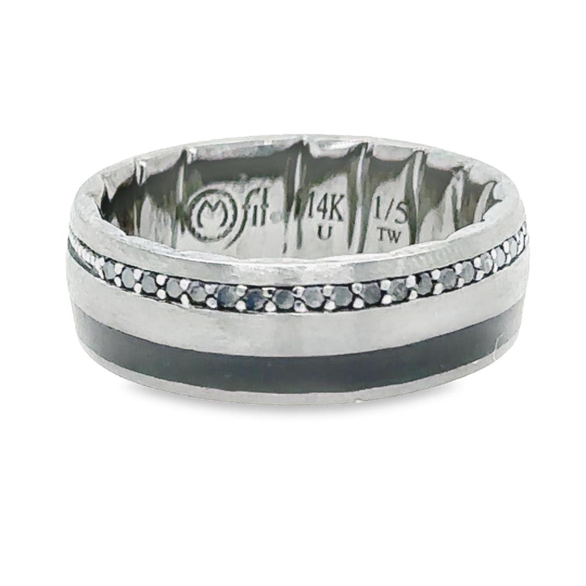 14Kt White Gold 8mm M-FIT Wedding Band With Black Ceramic Inlay & .20cttw Natural Diamonds